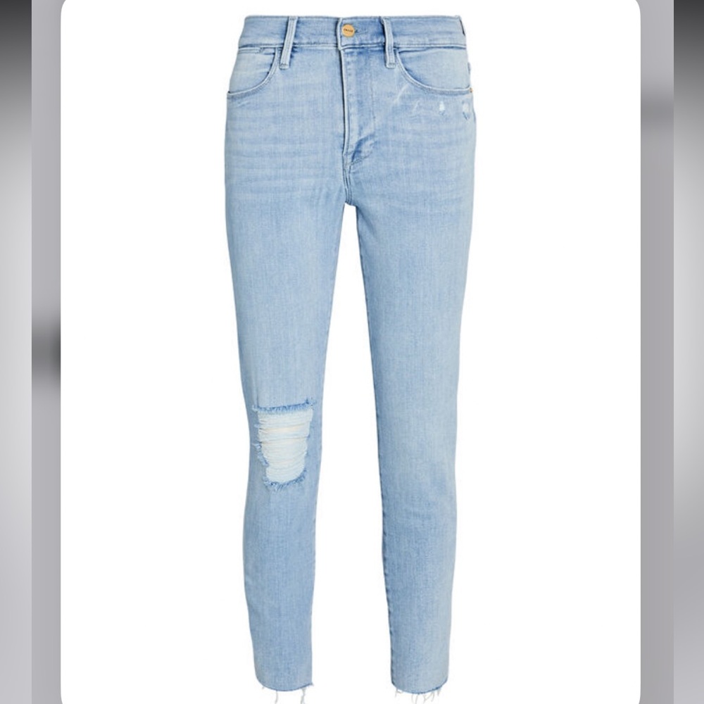 Frame Le High Skinny Crop Jeans in Distressed Carnation with Raw-Edge Hems